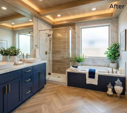 Navy & natural wood, after; original uploaded photograph