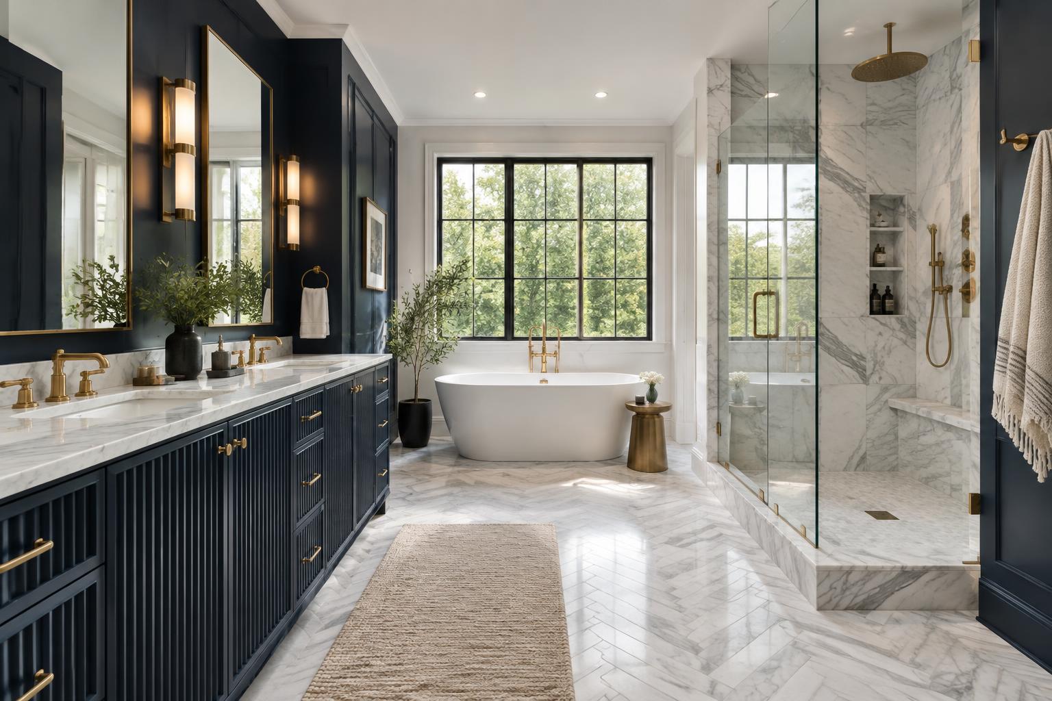 Dark finishes and dramatic contrast, balanced with warm gold.