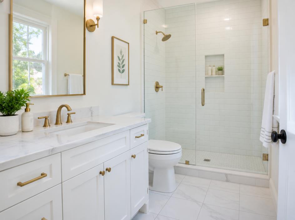 Design inspiration: Bright White bathroom concept — Light marble, warm brass, and a beautifully bright palette.