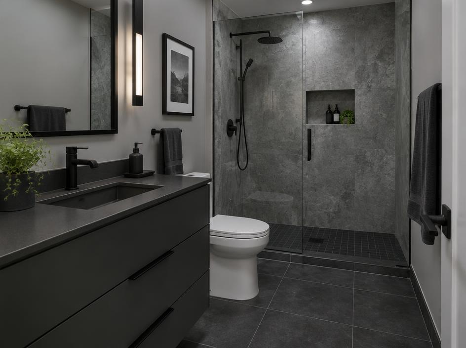 Design inspiration: Charcoal Modern bathroom concept — Charcoal and matte black with crisp grey stone.