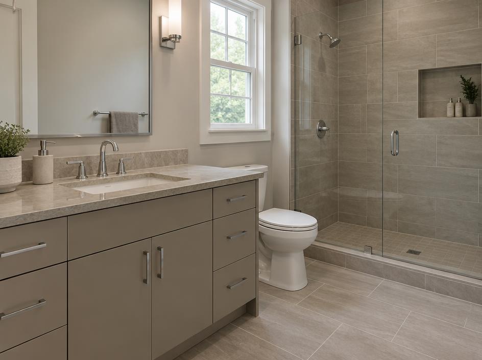 Design inspiration: Classic Greige bathroom concept — Easy greige tones with timeless chrome.