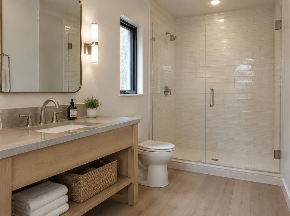 Design inspiration: Natural Wood bathroom concept — Natural wood, soft stone, and warmth in every detail.