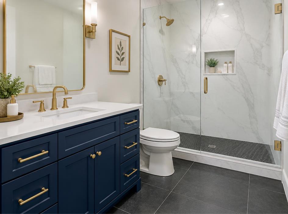 Design inspiration: Navy & Gold bathroom concept — Dark finishes and dramatic contrast, balanced with warm gold.