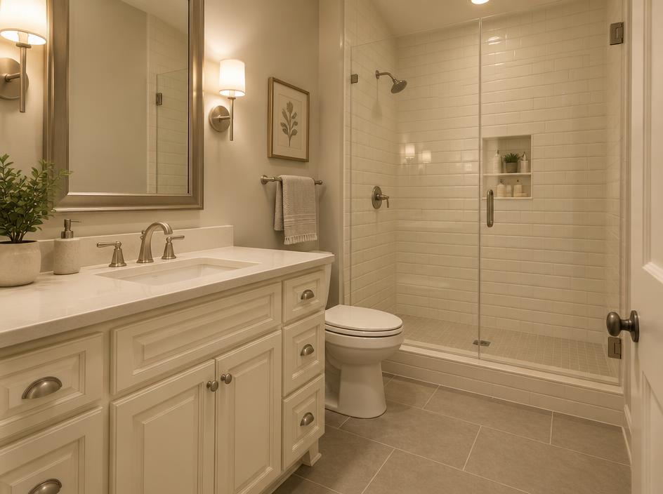 Design inspiration: Soft Cream bathroom concept — Creamy cabinetry, subway tile, and brushed nickel calm.